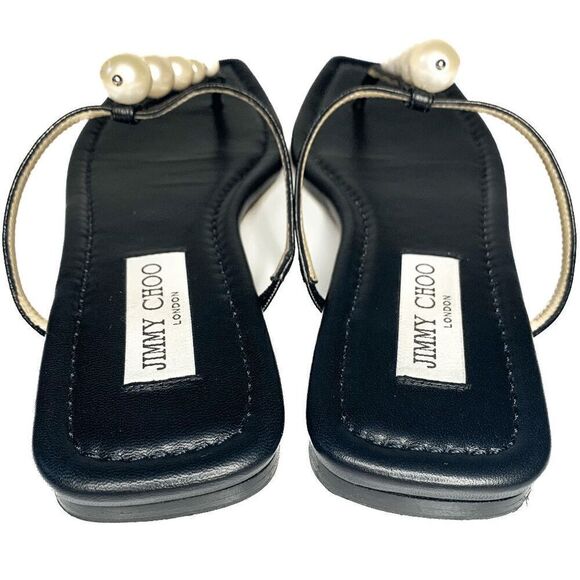 Jimmy Choo Alaina Faux Pearl Embellished Leather Flat Sandals EU 38 US 8 Black - Picture 8 of 9